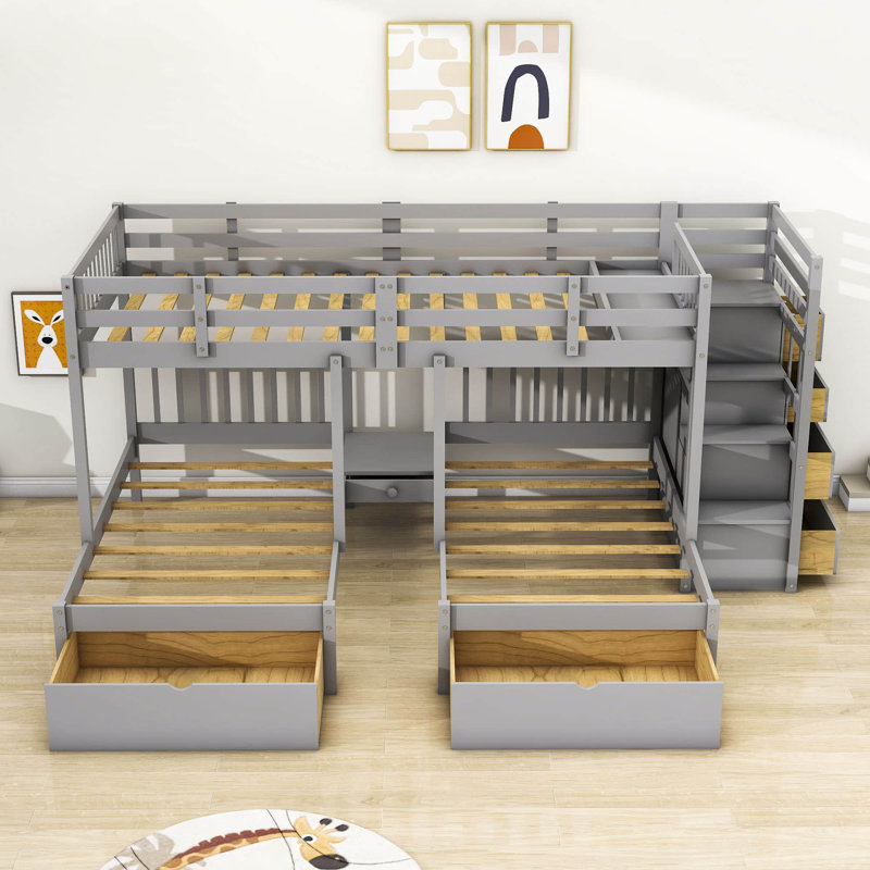 Lit superposé simple au-dessus de 7 tiroirs Evelean, gris