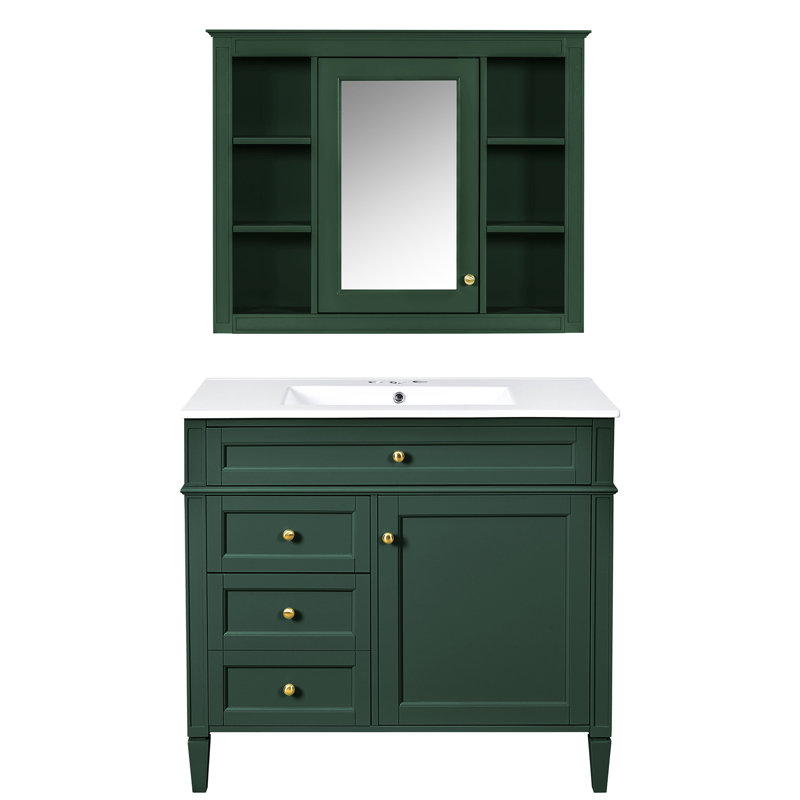 Meuble-lavabo avec miroir, 3 tiroirs et 2 portes à fermeture douce pour lavabo simple de rangement 4, Vert