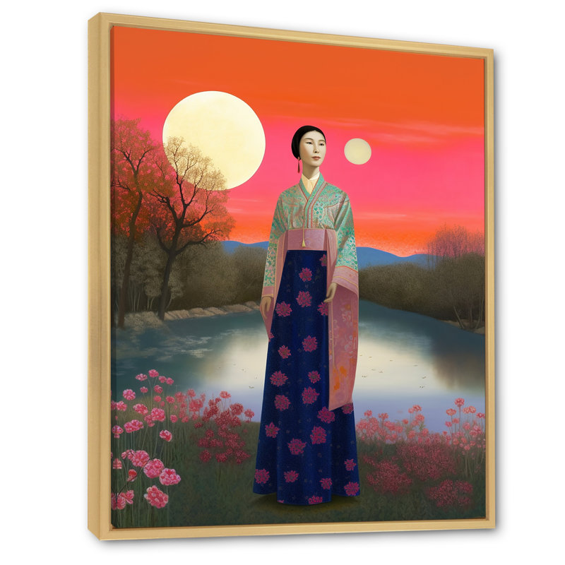 Femme japonaise traditionnelle sur fond de pleine lune, impression sur toile, H 40 po x l 30 po x P 1,5 po