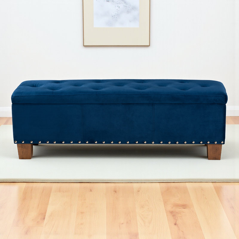 Johs Storage Bench in  Navy Blue Velvet Fabric Upholstered, 17.32'' H X 52.17'' W X 16.73'' D, Navy