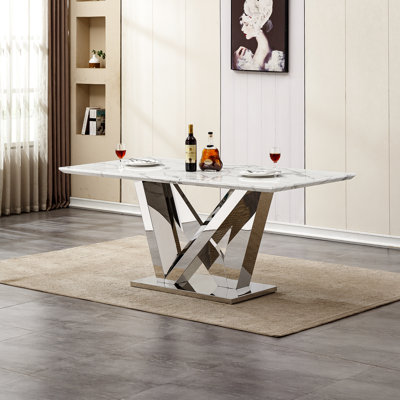 70" Modern Faux Marble Dining Table with Chrome Stainless Steel Pedestal Base, Rectangular Kitchen & Dining Room Table for 6-8 People, Faux Marble Top