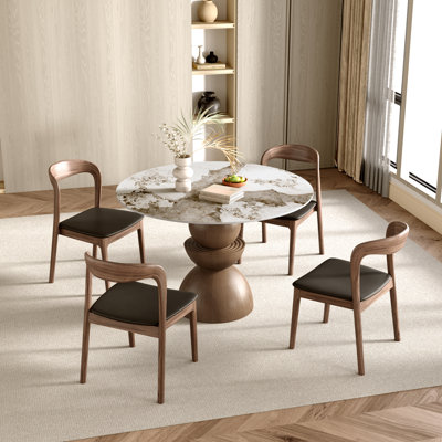 3\5 Pcs Modern Round Sintered Stone Tabletop Breakfast Table Sets With  Comfort Leather Dining Chairs For 2\4, Minimal Assembly
