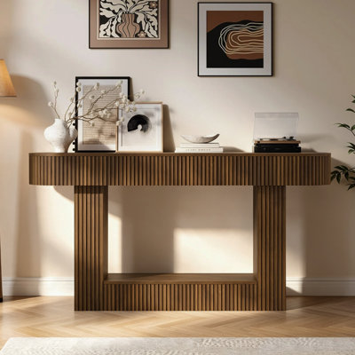 63" Fluted Console Table,Modern Sofa Table With Open Bottom Shelf for Entryway Hallway Living Room