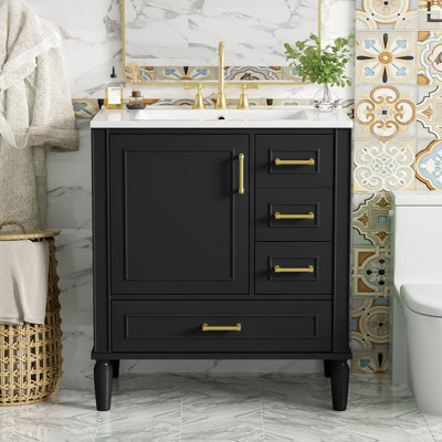 30-Inch Ceramic Bathroom Vanity, Soft-Close Door and 3 Drawers, Overflow Drain Design, Floor Standing, For Small Space