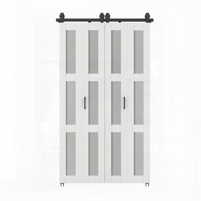 3 portes de grange pliantes pré-assemblées en verre givré et en MDF blanc avec trousse de quincaillerie et poignée de porte 3 Lite