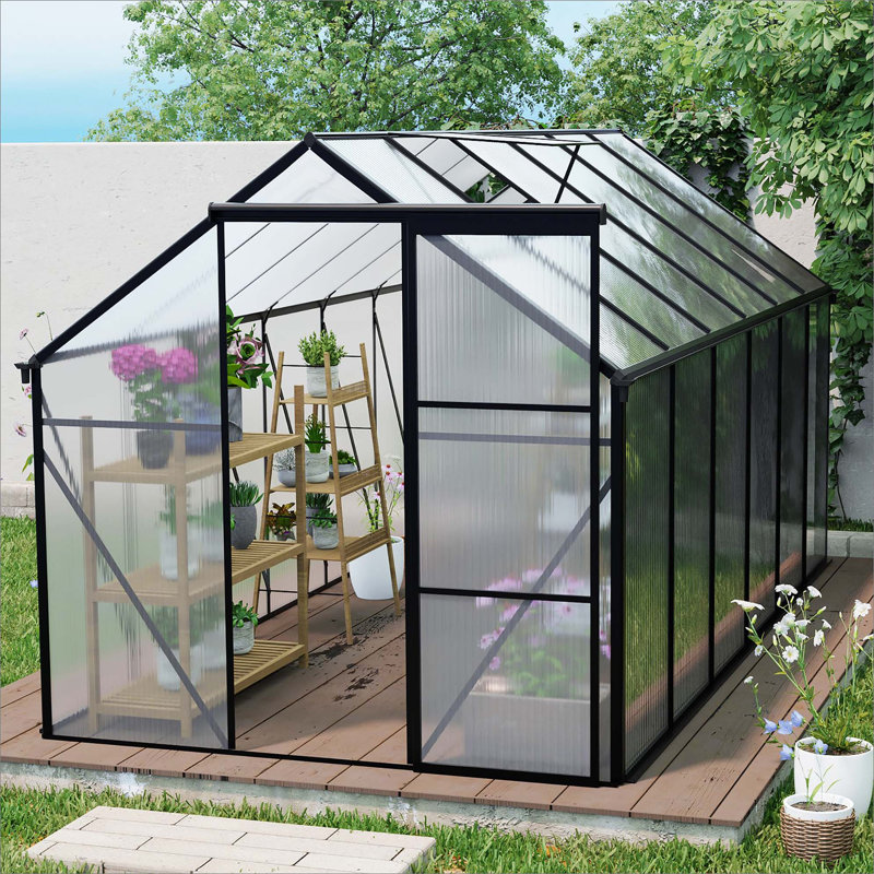 6X8 FT Polycarbonate Greenhouse Raised Base And Anchor Aluminum Heavy Duty  Greenhouses, 6.4' H x 6.2' W x 12.2' D, Black