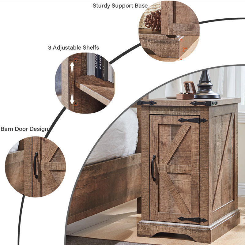 Table d'appoint de style champêtre avec station de recharge, table d'appoint en bois avec rangement, tablette réglable et prises intégrées
