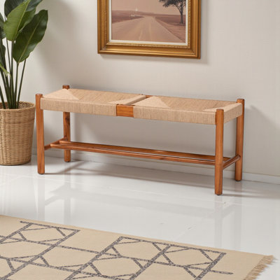 Uribe Oak Brown Finished Wood & Hemp Dining Bench with 1 Open Shelf, 17.48" H X 43.05" W X 13.51" D