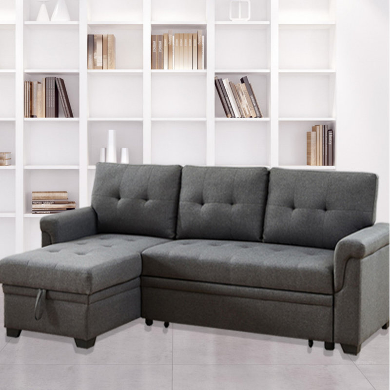 Canapé-lit modulaire réversible en lin avec méridienne avec rangement, Lin gris foncé, Face à la gauche, Brun