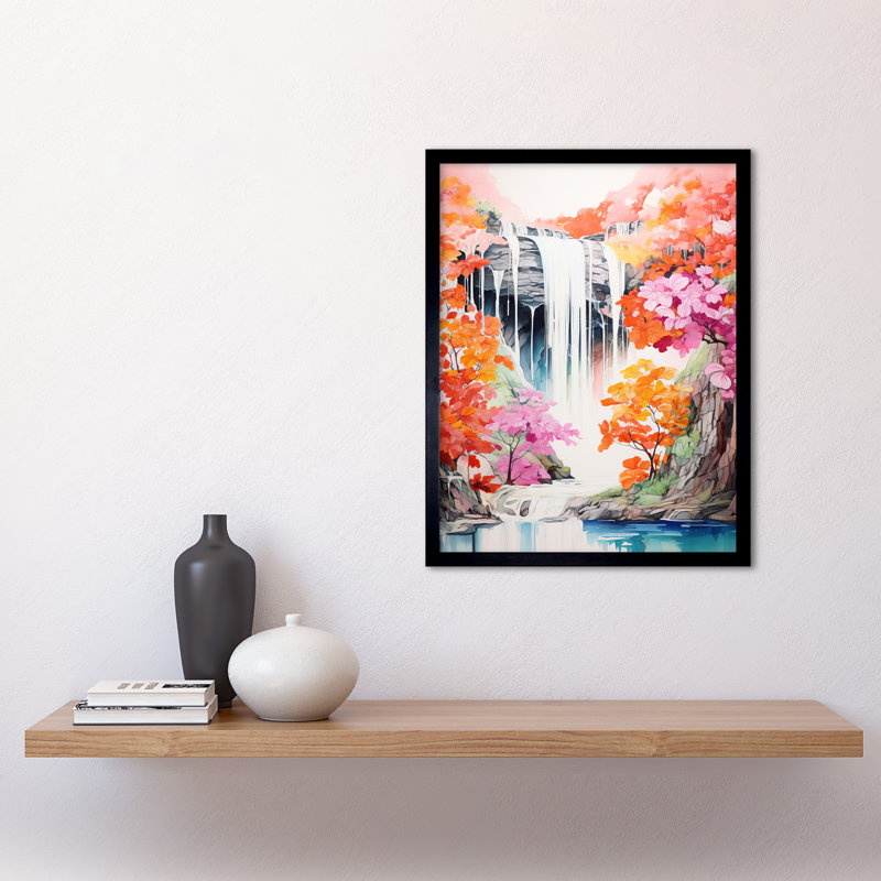 Cascading Waterfall In Orange Pink Tree Lush Forest Vibrant - Single Picture Frame Print