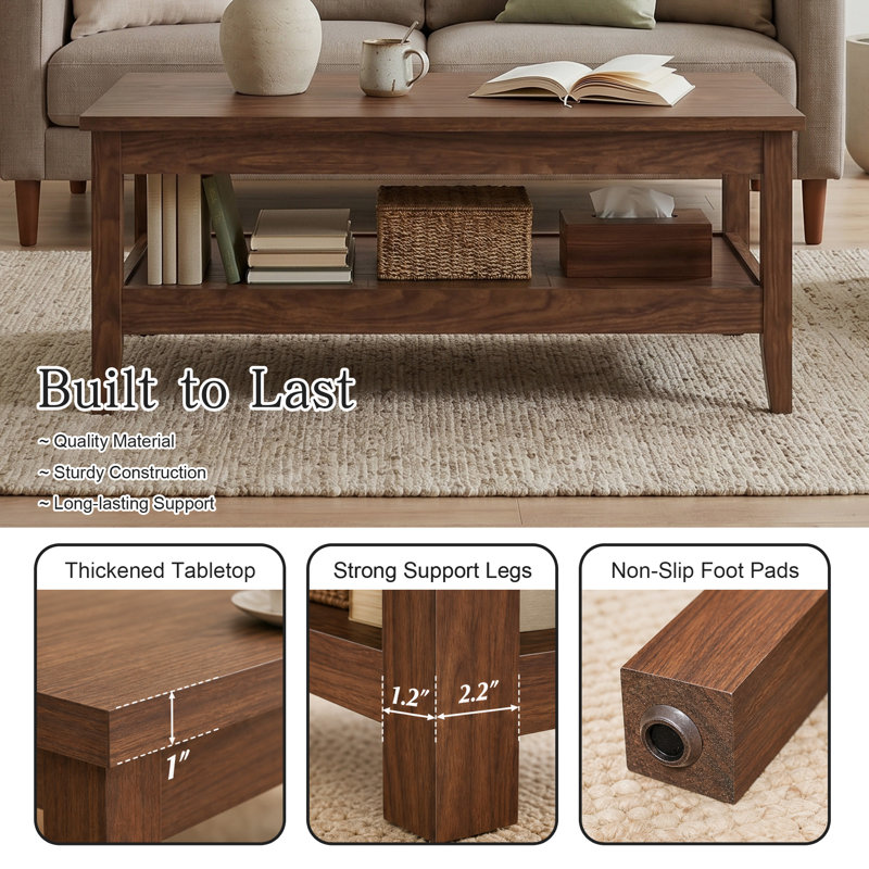 Table basse de style campagnard à deux niveaux de 119 cm (47 po) avec plateau épais, noyer