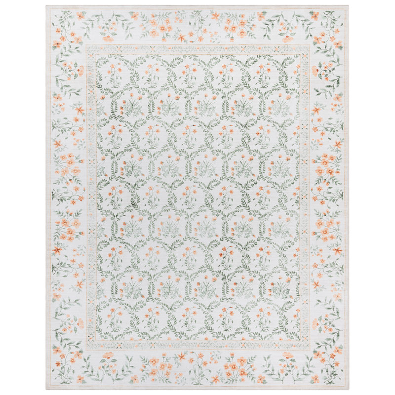Rayna Vela Ivory Green Orange Machine Washable Transitional Leaf Floral Border Indoor Area Rug, Flat Pile for Living Room & Bedroom - Ivory, 8x10
