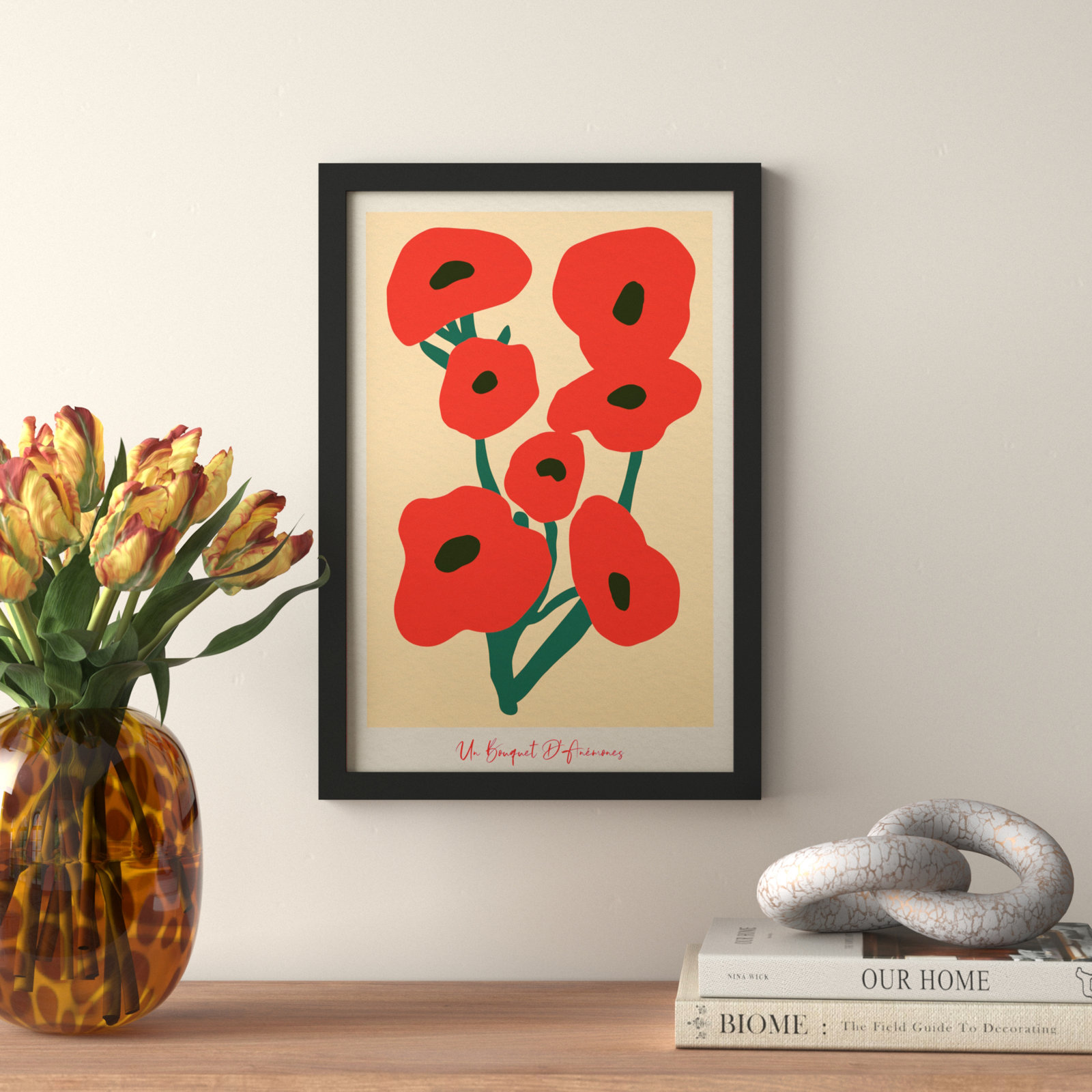 Modern Red Flower Bouquet Print, Black, 17" H x 12" W