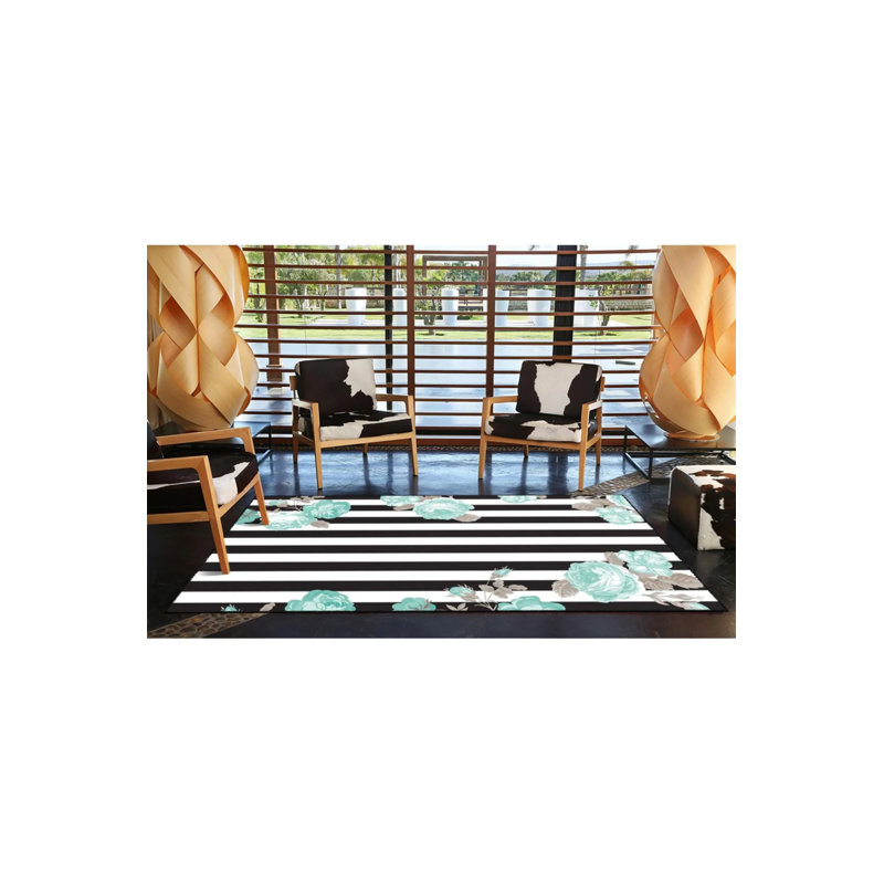 Tapis décoratif à rayures turquoise et gris, Rectangle 2 pi 4 po x 4 pi