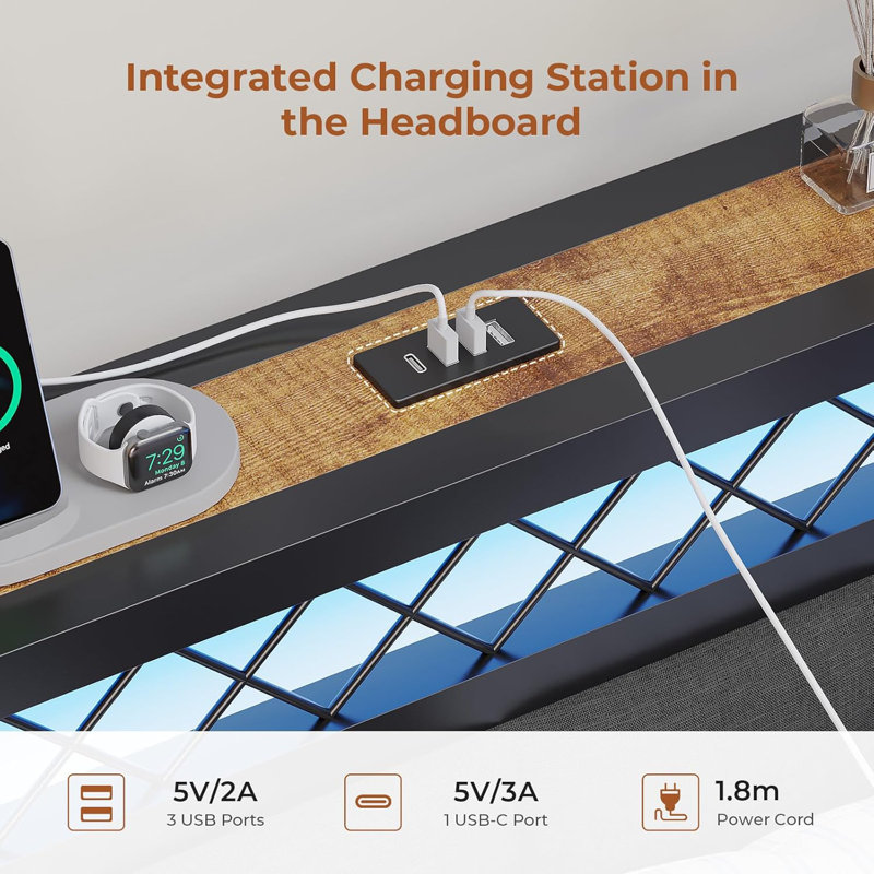 Bed Frame with Charging Station, Day Bed with 2 Storage Drawers & LED Lighting