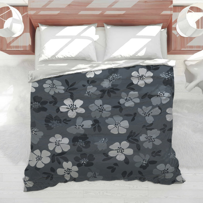 Édredon à motif floral moderne, Édredon simple extra long, White/Black/Gray Floral