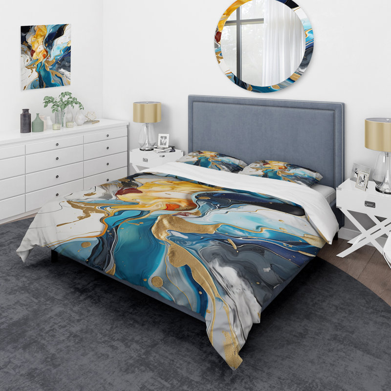 Ensemble de housse de couette bleu et jaune à encre liquide Harmony II - Abstract, Housse de couette pour grand lit