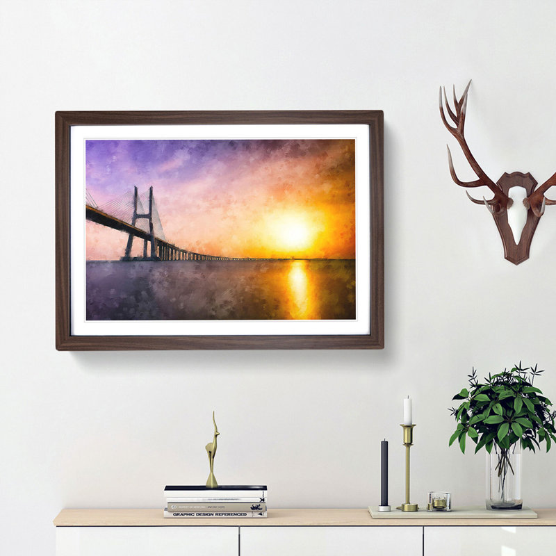Vasco Da Gama Bridge in Portugal - Picture Frame Graphic Art Print, 24cm H x 33cm W x 2cm D, Walnut Framed