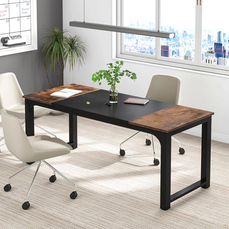 Bureau de direction 70,8 po, grand poste de travail moderne avec structure en métal épais, mobilier rustique brun et noir pour le bureau personnel