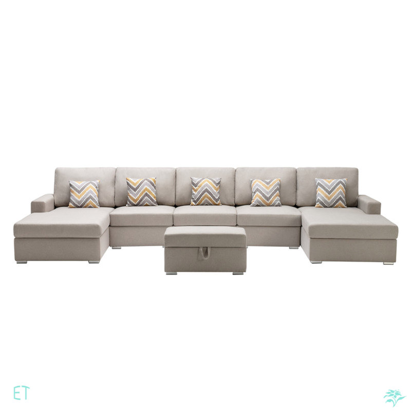 Canapé modulaire 152 po en lin et double 152 po avec pieds interchangeables, repose-pieds et coussins de 152 po