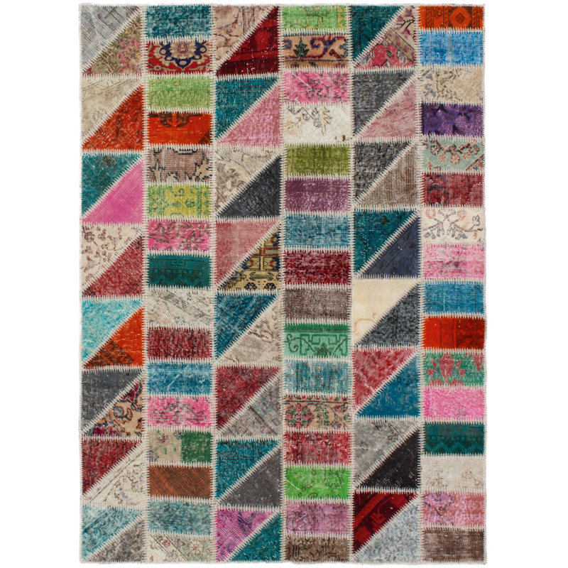 Tapis unique en laine noué à la main rouge / gris / bleu 5 pi x 6 pi 10 po années 2010 Arashel