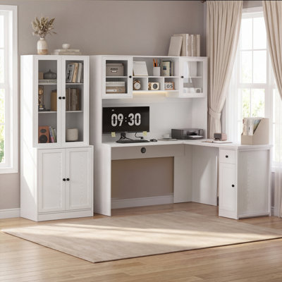 2 Piece Computer Desk Office Set,54'' L-Shaped Desk With Hutch & Power Outlet & Bookcase