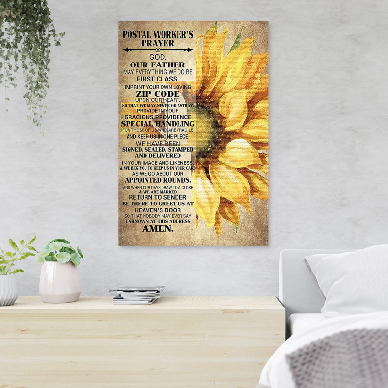 Tournesols et citations - Prière des postiers - Reproduction d'art graphique rectangulaire sur toile tendue 1 pièce