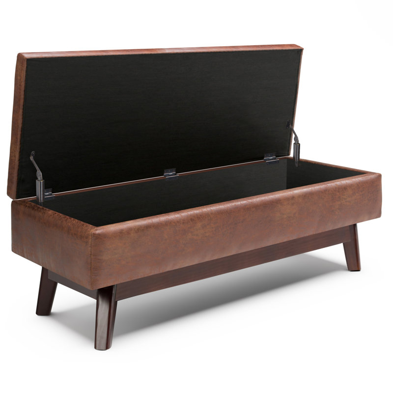Owen 48"W Upholstered Storage Ottoman with Lift Top and Solid Wood Legs, Saddle Brown Faux Distressed Leather