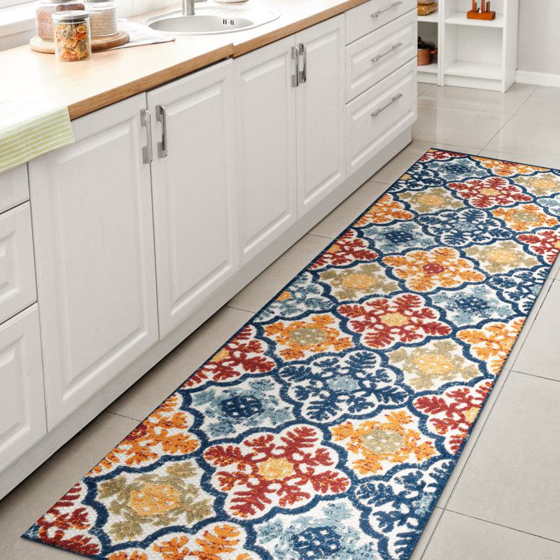 Tapis intérieur / extérieur bleu / multicolore Heimdall Orge Ogee Trellis, Tapis de couloir 2 pi 3 po x 10 pi