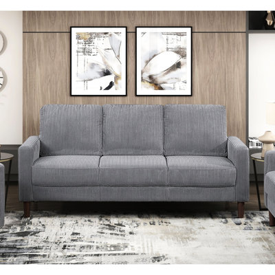 Velours côtelé gris moderne avec structure en bois massif et en contreplaqué, accoudoirs sur rail, siège rembourré pour un dossier rembourré confortable et confortable, espace de vie principal pour les pieds exposés