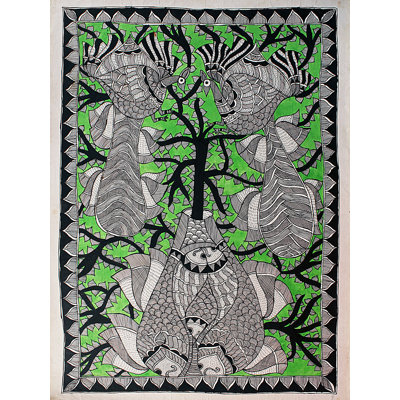 Paon sur un arbre à l'intérieur d'un pot à motifs | Madhubani Peinture