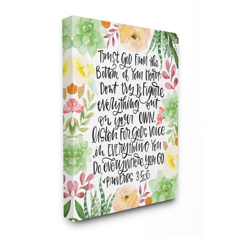 «Trust In God Floral Succulents Cursive Hand Lettred», reproduction d'impression, H 30 po x l 24 po x P 1,5 po, Toile tendue