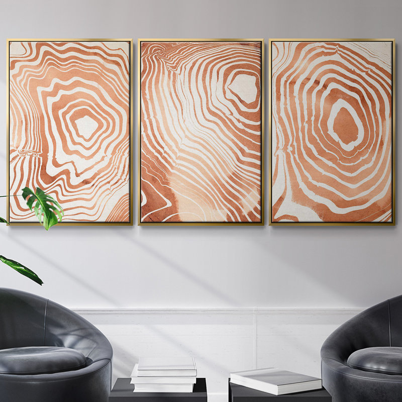 Ensemble de 3 pièces encadrées sur toile Suminagashi I à grain de bois, Or, H 27 po x l 54 po