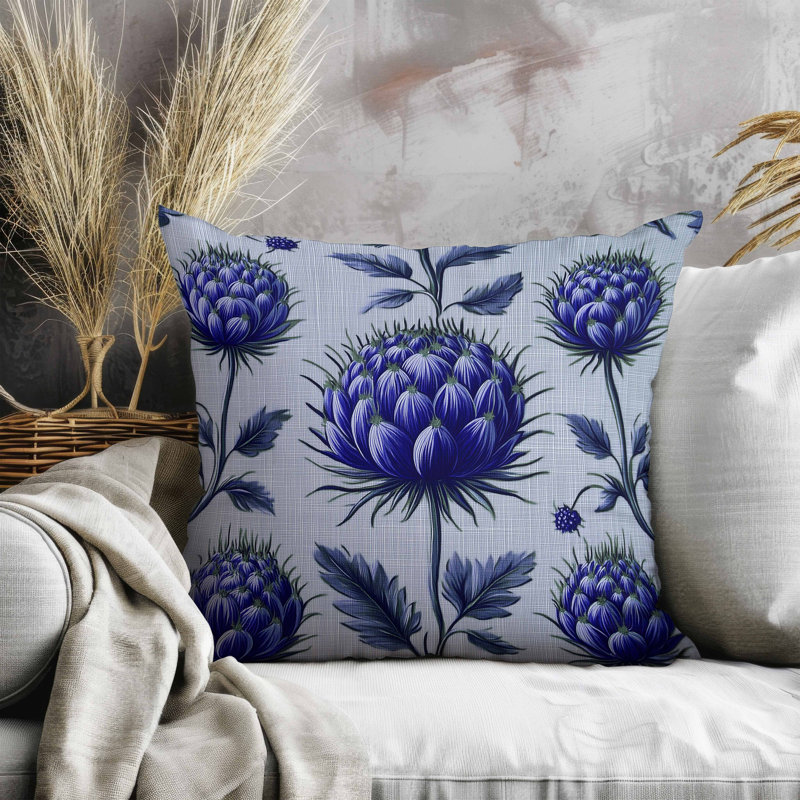 Thistle Garden Faux Suede Pillow, Blue, Square 26"