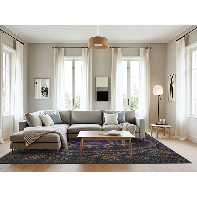 Tapis noir/bleu/noir tissé à la machine, Rectangle 8 pi x 10 pi