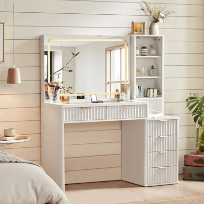Bureau de coiffeuse avec miroir et lumières (sans chaise), coiffeuse de maquillage cannelée de 43,5 po avec 6 tiroirs et tablettes réglables, coiffeuse en bois avec plateau en verre et prise de courant pour la chambre à coucher
