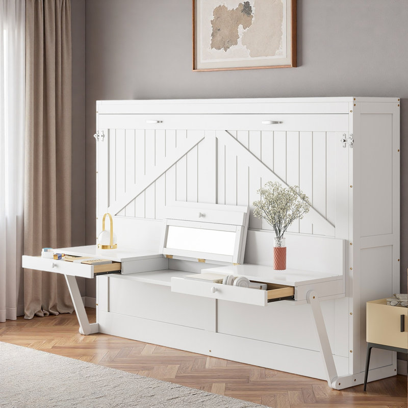 Lit escamotable avec bureau de coiffeuse, miroir central et 2 tiroirs latéraux, Blanc