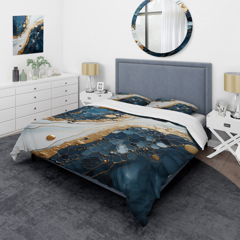 Ensemble de housse de couette or et bleu, Housse de couette pour grand lit et 2 taies décor