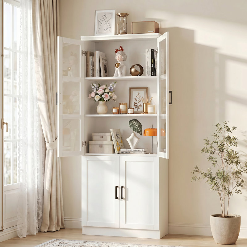 Armoire de salle de bain H 79,7 po avec tablettes réglables, armoire de rangement en bois avec portes en verre, blanc rétro