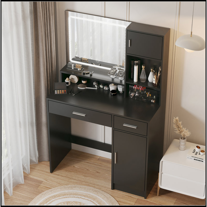 Vanity Desk With Mirror And LED Light Strip,Dressing Table With Large Drawer, 3 Level Storage Dresser & 3 Lighting Modes Adjustable Brightness, Suitable For Bedroom
