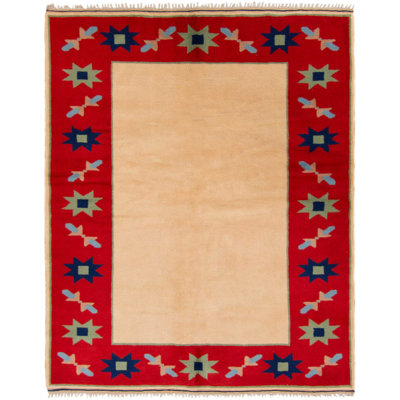 Tapis de zone en laine ivoire/rouge 5 pi 9 po x 7 pi 3 po à la main one-of-kind-noué la 1980 anatolian Danuel