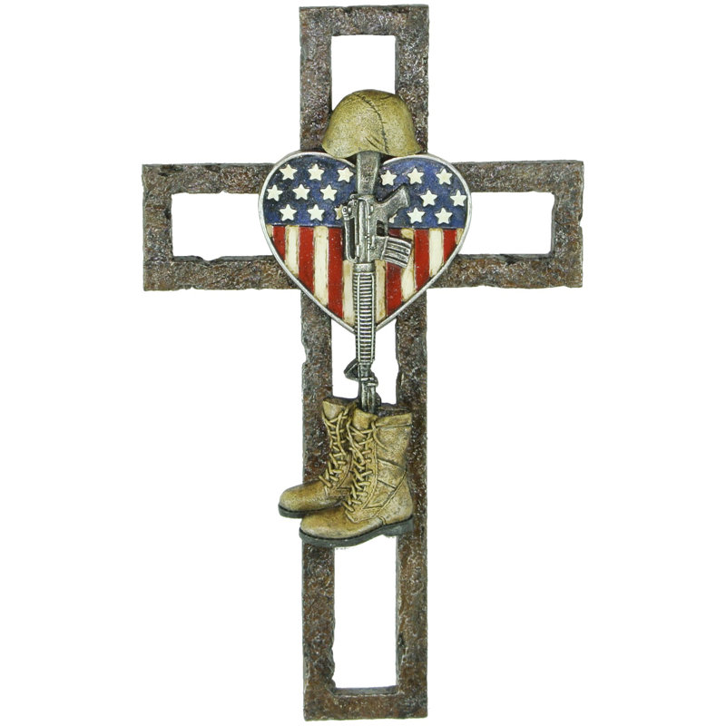 Hollowed Military Fallen Soldier Patriotic Flag Heart Hanging Wall Cross Décor