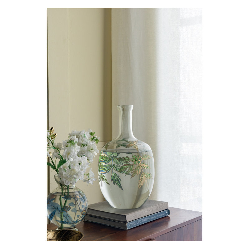 Vase arrondi en verre transparent avec col étroit et motif botanique vert et or, H 16,5 po
