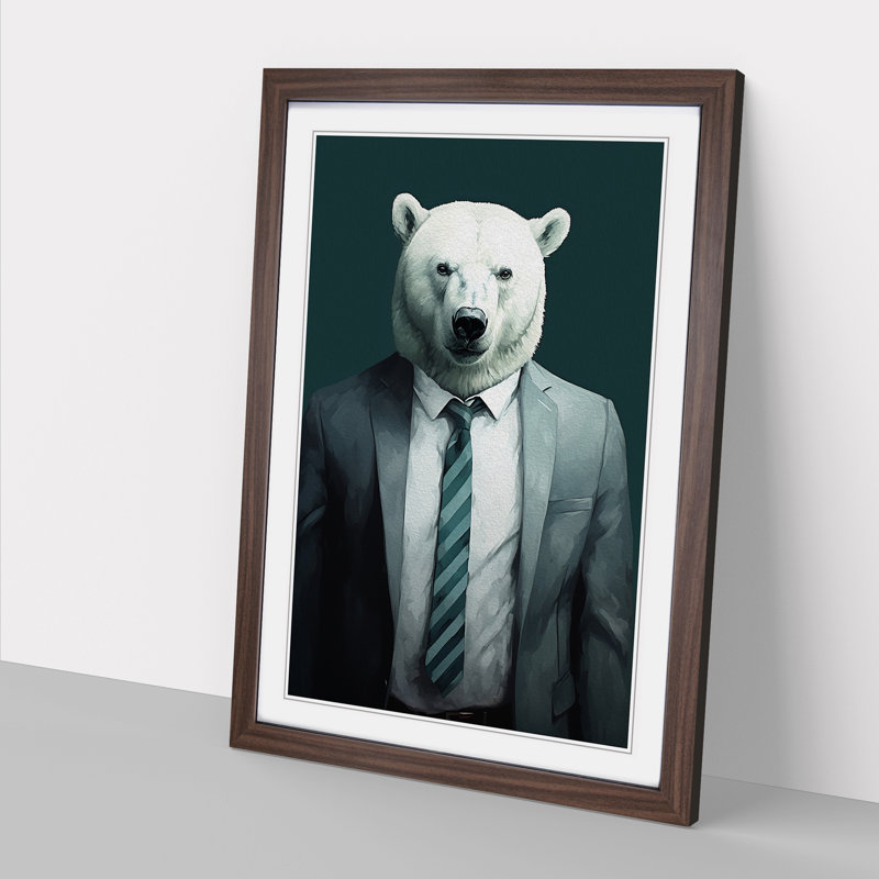 Polar Bear In A Suit Painting No.2 - Single Picture Frame Print on Wood, Walnut Framed, 34cm H x 25cm W x 2cm D
