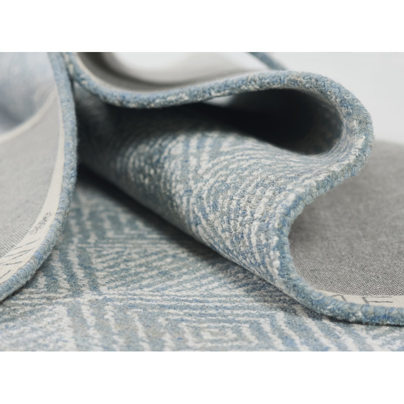 Tapis bleu / blanc en laine crocheté à la main Bathesda, Tapis de couloir 2 pi x 8 pi