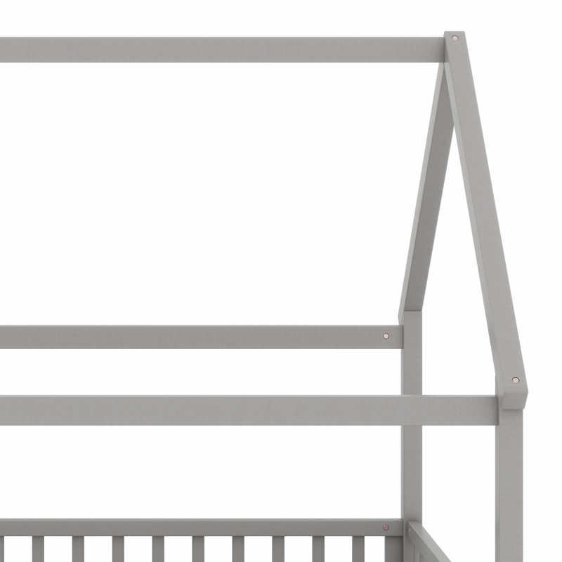 Lit de plancher en bois de style maison de jeu, structure de lit pour enfant avec structure de toit et garde-corps de clôture