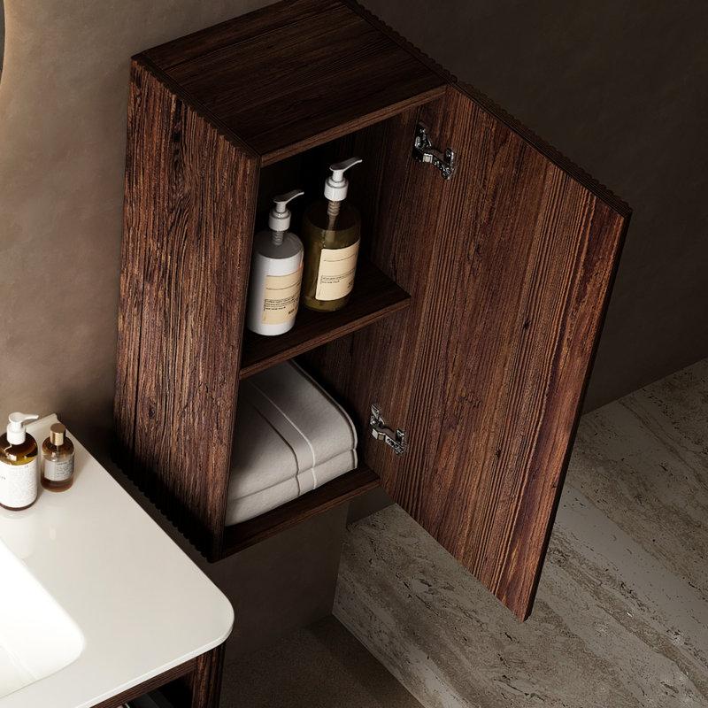 Table de salle de bain murale avec rangement, 14 po, noyer rétro, avec porte, unité moderne, rayée, porte et tablette