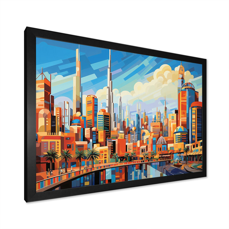 Pop Art, paysage urbain de Dubaï III, impression sur toile encadrée, Cadre simple noir, H 16 po x l 32 po x P 1 po