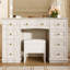 Meuble-lavabo luxueux avec 10 ampoules Hollywood, 3 modes d'éclairage couleur, une coiffeuse classique avec tabouret rembourré et 9 tiroirs de rangement pour la chambre à coucher, blanc