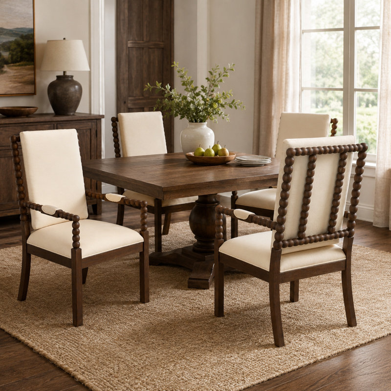 Chaise de cuisine en bois tourné French Country, chaise de salle à manger rembourrée en tissu à haut dossier avec accoudoirs, chaise d'appoint rembourrée Traditional